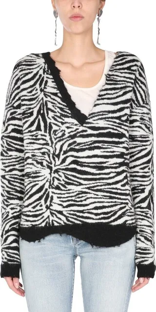 Saint Laurent Zebra Patterned V-Neck Sweater