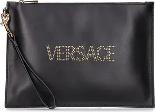 Studded logo leather flat pouch