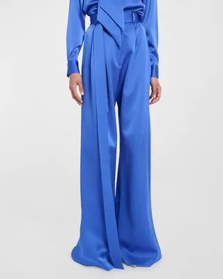 Landon Pleated Wide-Leg Satin Crepe Pants