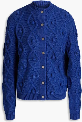 Elmo pompom-embellished cable-knit merino wool-blend cardigan