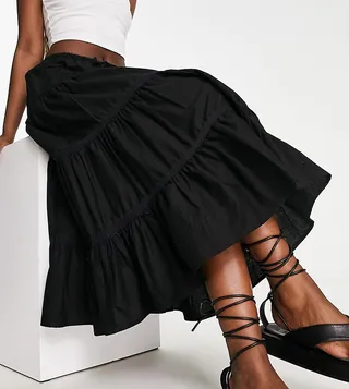 Reclaimed Vintage elasticated waist prairie midi skirt in black