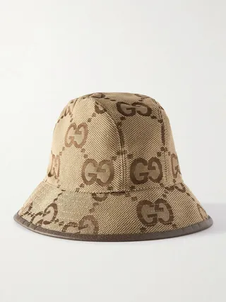 Leather-Trimmed Monogrammed Cotton-Blend Canvas Bucket Hat