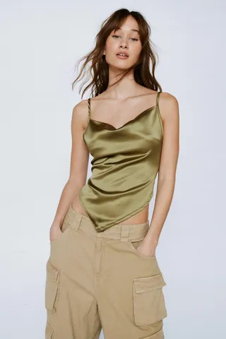 Nasty Gal Womens Satin Handkerchief Cami Tie Back Top