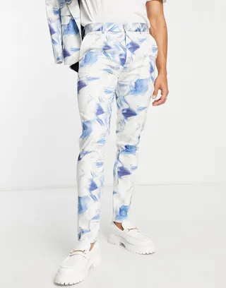ASOS DESIGN skinny suit pants in white and blue print