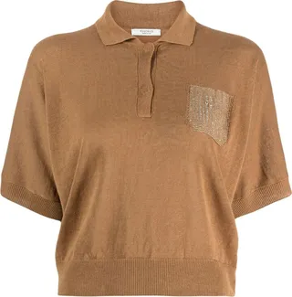 Metallic Detail Fine-Knit Polo Top