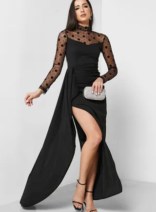 Mesh Sleeve Dress With Slit