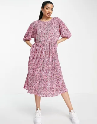 Monki plisse smock dress in pink ditsy floral