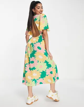 ASOS DESIGN angel sleeve midi dress with an open back in large floral print
