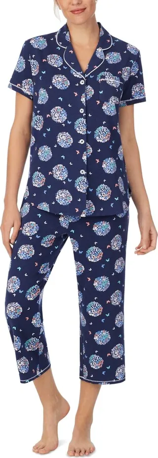 Cuddl Duds Printed Short Sleeve Notch-Collar Capri Pajama Set