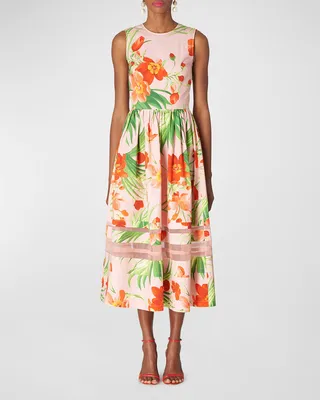 Floral-Print Midi Dress with Organza Detail