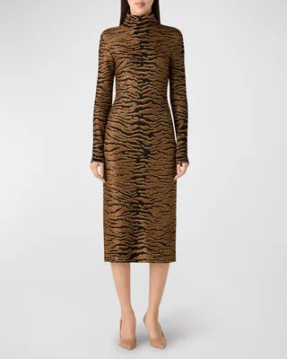 Turtleneck Tiger Sequin Jacquard Knit Midi Dress