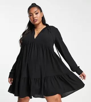 ASOS DESIGN Curve pie crust neckline tiered smock mini dress in black