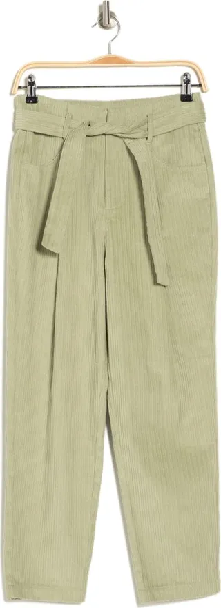 Tie High Waist Ankle Crop Corduroy Pants