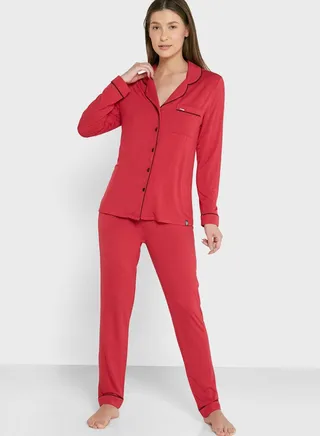 Button Detail Top & Pyjama Set