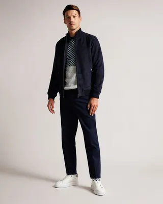 Suede Funnel Neck Bomber Jacket in Navy