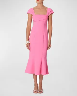 Draped Square-Neck Cap-Sleeve Trumpet Midi Dress