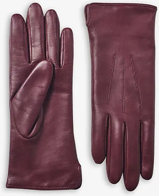 Womens Burgundy Cashmere-lined Leather Gloves