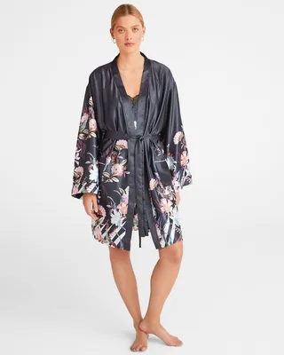 Printed Satin Robe in Charcoal