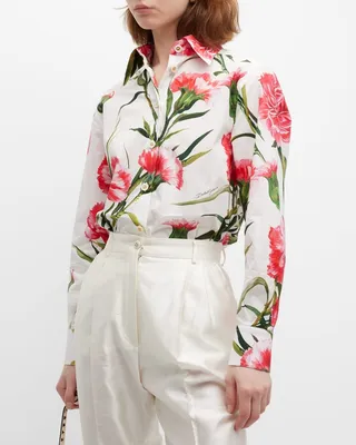 Floral-Print Button Down Cotton Blouse