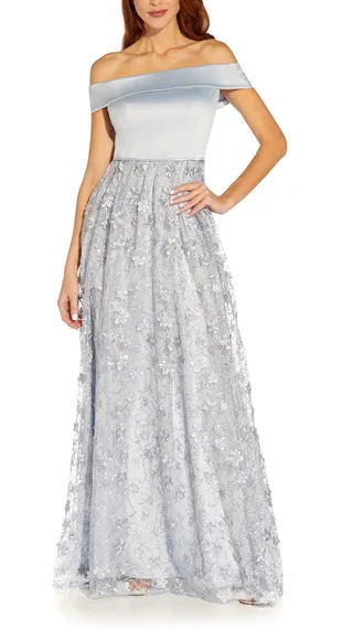 Embroidered Floral Off the Shoulder Gown