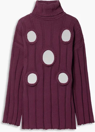 Embellished ribbed cotton-blend turtleneck sweater