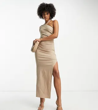 ASOS DESIGN Tall bengaline one shoulder wrap neck body-conscious midi dress with split in camel