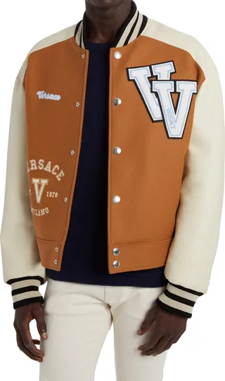 V Patch Colorblock Snap Front Leather Sleeve Varsity Jacket