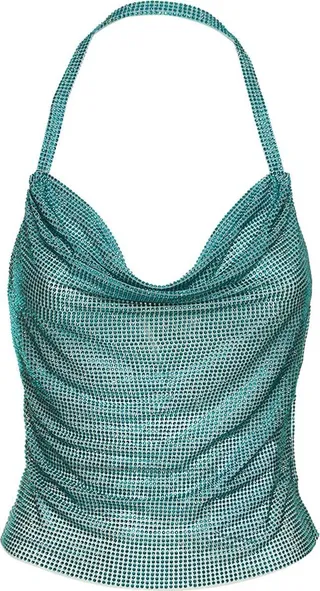 Embellished net halter top