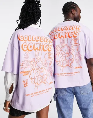 COLLUSION unisex comic print t-shirt in lilac