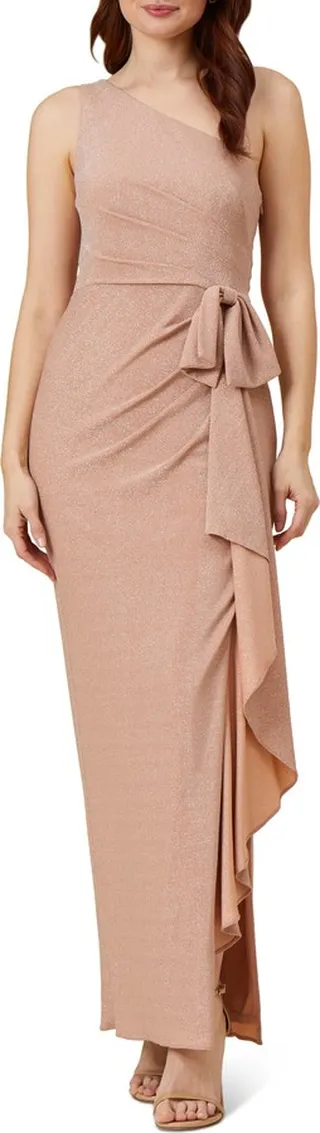 Metallic One-Shoulder Cascade Gown