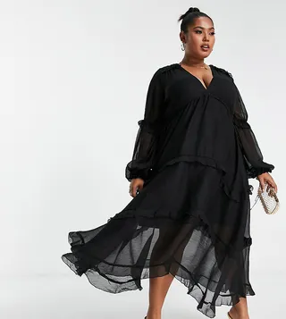 ASOS DESIGN Curve pleated layered tiered midi dress in black