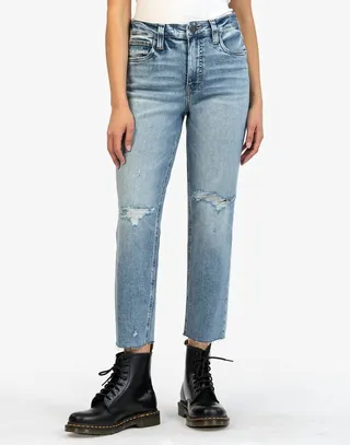 Rachael High Rise Fab Ab Mom Raw Hem Jeans in Hypnotize With Medium Base Wash