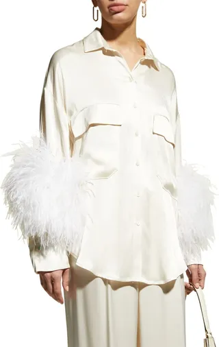 Feather-Trim Oversized Satin Button-Down Shirt