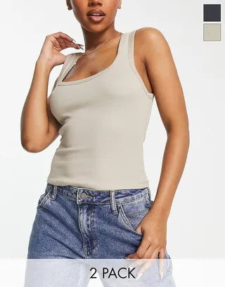 Bershka ribbed cropped tank top 2 pack in charcoal and sand