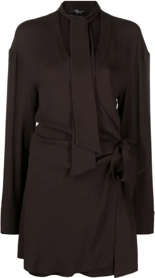 Pussy-Bow Wrap Mini Dress