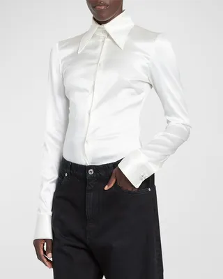 Collared Long-Sleeve Silk Blouse