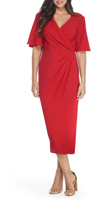 Flutter Sleeve Faux Wrap Midi Dress
