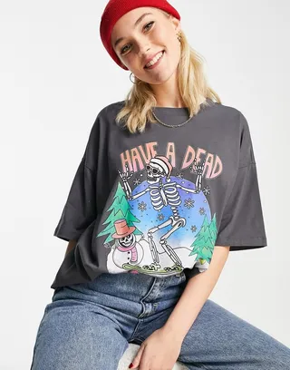 ASOS DESIGN Christmas snowboarding skeleton t-shirt in charcoal