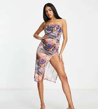 ASYOU mesh midi dress with stretch satin bodysuit in renaissance print