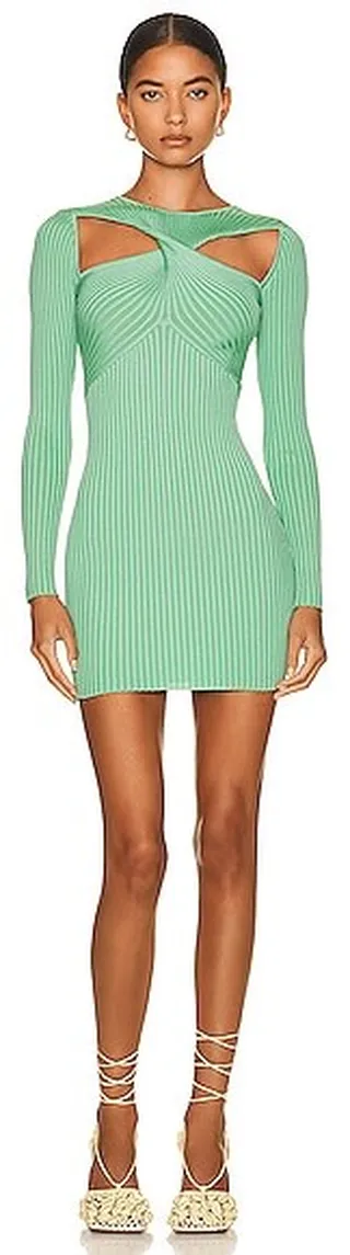 self-portrait Ribbed Knit Cut Out Mini Dress in Green