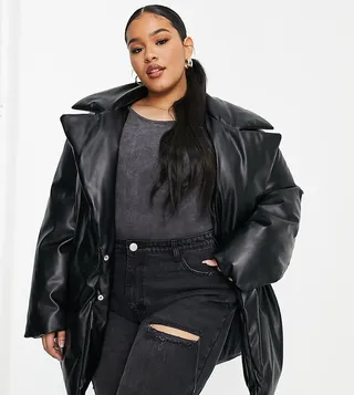ASOS DESIGN Curve puffer faux leather coat with cinch belted detail