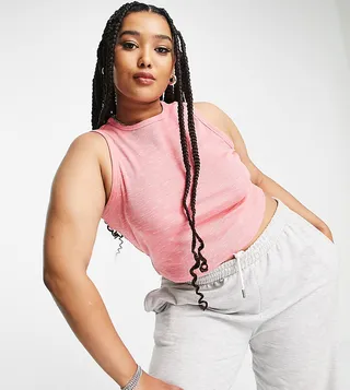 ASOS DESIGN Curve high neck tank top in slubby rib in pink & white
