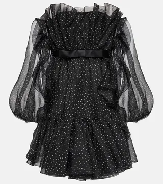 Polka-dot strapless silk mini dress