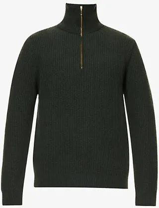 Mens Racing Green August Half-zip Funnel-neck Wool-knit Jumper