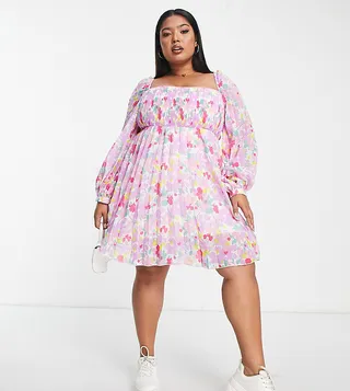 ASOS DESIGN Curve square neck pleated mini skater dress in lilac floral
