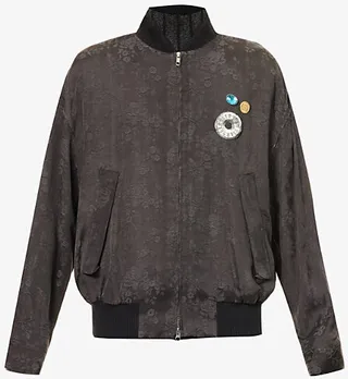 Mens Charcoal Floral-pattern Boxy-fit Woven Bomber Jacket