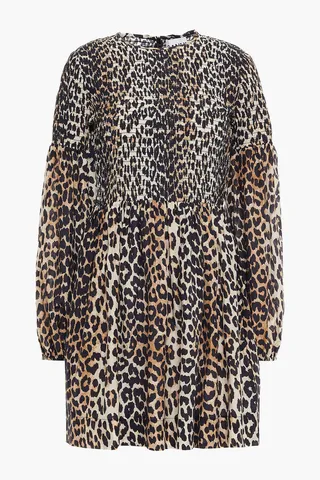 Shirred leopard-print cotton and silk-blend mini dress