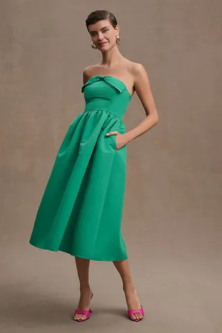 Sachin & Babi Blaine Strapless Bow Taffeta Midi Dress Green