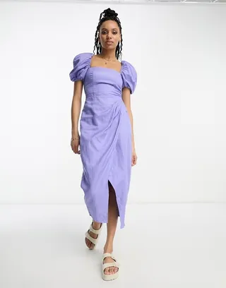 & Other Stories linen blend corset detail midi wrap dress in blue