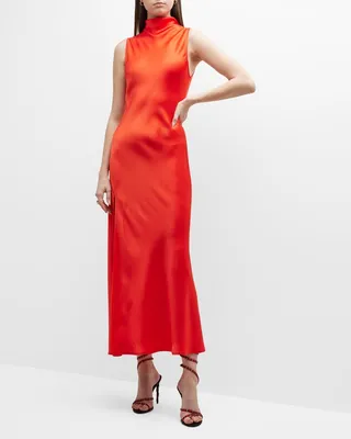Drape Neck Side-Slit Satin Maxi Dress